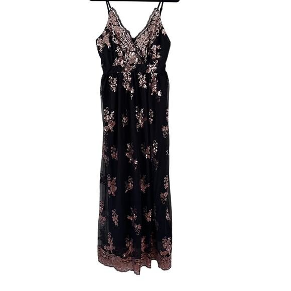 She + Sky Dresses & Skirts - She + Sky Large NWT Black Rose Gold Sequin Maxi Dress Spaghetti Straps Elegant